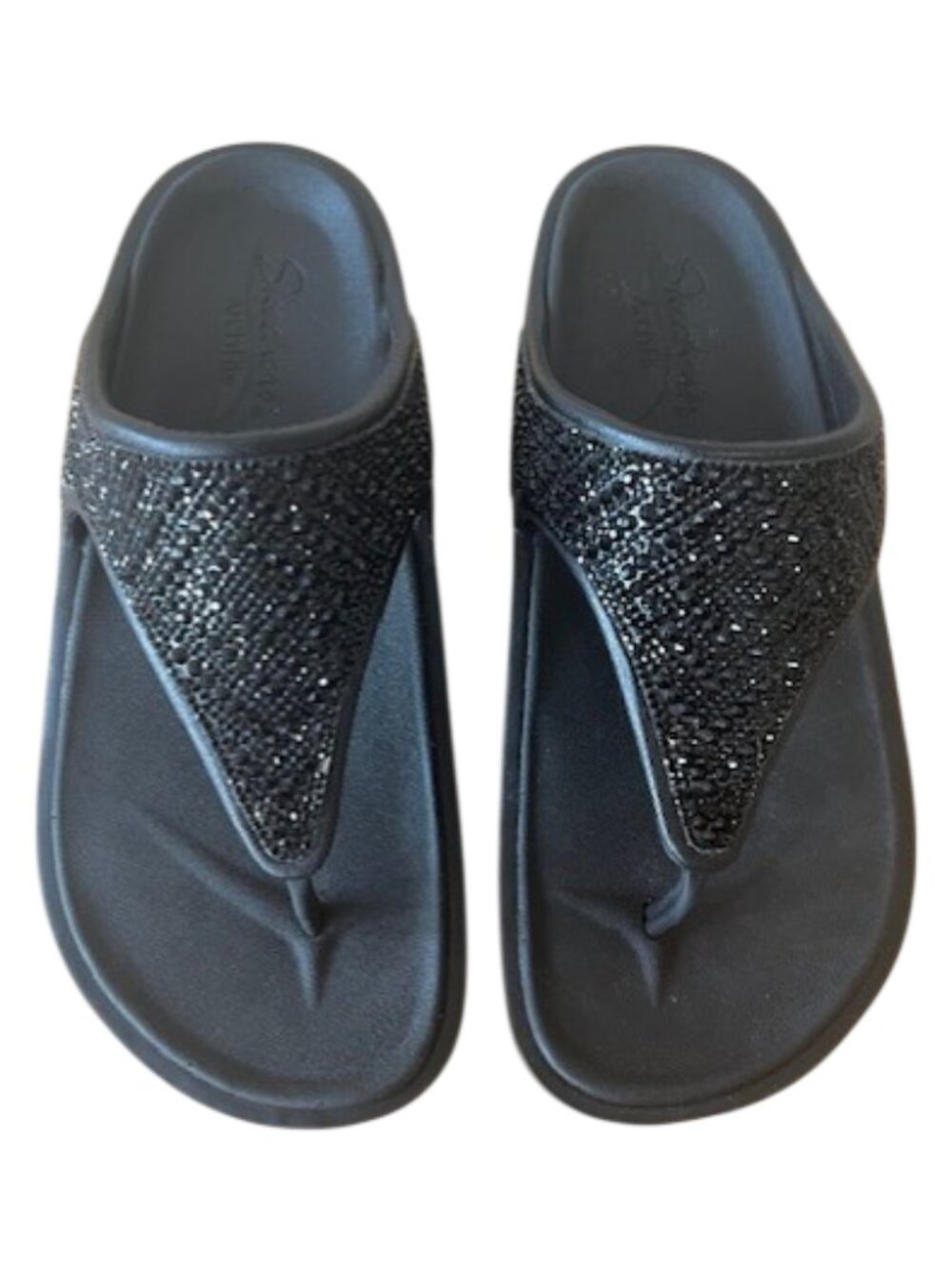 Skechers Arch Fit Thong Sandals Black Comfort Slides Womens 7  Bling *NEW*